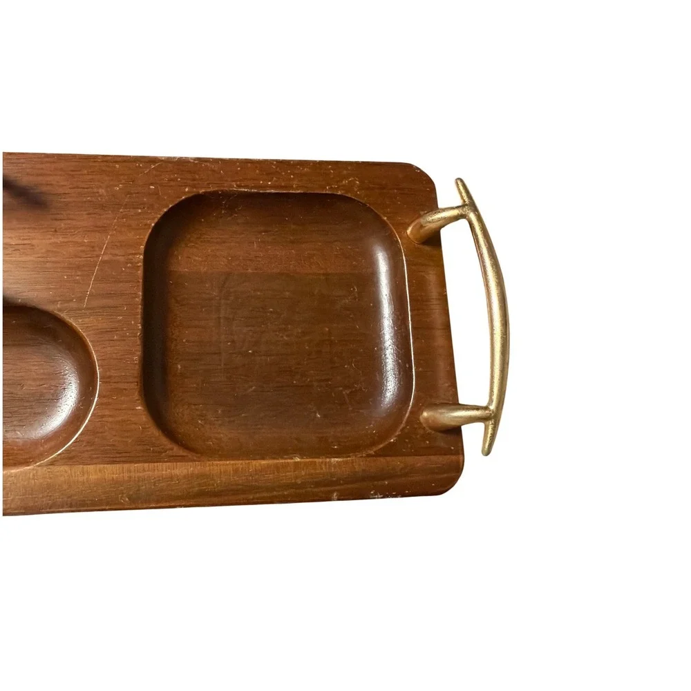 Mid Century Modern Wood Serving Tray with Brass Handles and Napkin Holder MCM